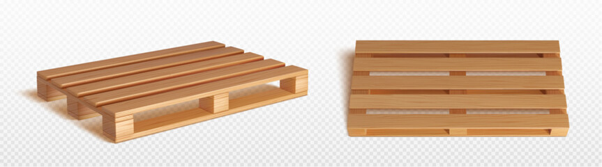 3d wooden pallet for crate package isolated vector. Wood loading tray platform for warehouse or storage asset set. Delivery board with realistic timber material texture render and different view