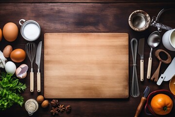 cooking equipment on wooden background. Top view ,Generated with AI