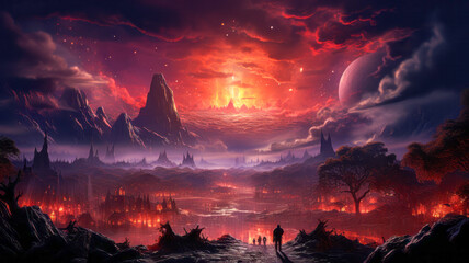 A Digital Art of a Fantasy Landscape with a Large Planet and a Stormy Sea