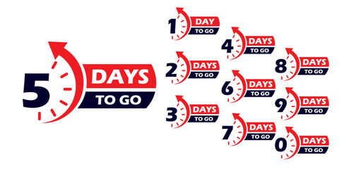 Countdown of days 1,2,3,4,5,6,7,8,9,10. The days left badges. A countdown is going on, one day I left a badge and a label to calculate the date of work. Offer timer, sticker limited to a few days.