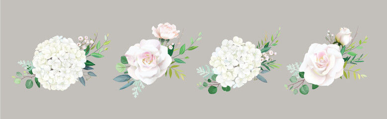 Floral romanric bouquets for wedding invite or greeting card. White pink peach Rose, Hydrangea flower and Greenery leaves. element set.