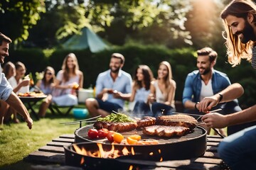 A family celebrating vacations , barbeque party - Generative AI