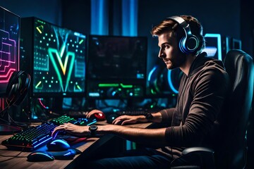 A gamer beside his computer playing games - Generative AI