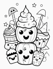 Cute kawaii candy halloween coloring page for kids, black and white line art Halloween cupcakes.
