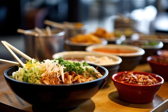 Noodle Bar. Bowls with chinese noodles and chopsticks on wooden table. 