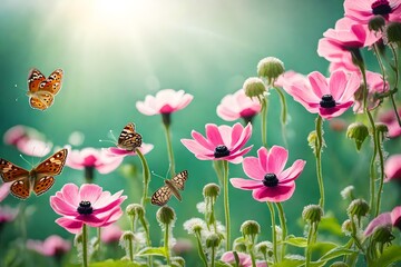 spring flowers and butterflies, beautiful Wallpaper, Landscape, and Background - Generative AI