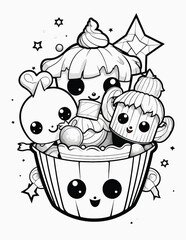 Cute kawaii candy halloween coloring page for kids, black and white line art Halloween cupcakes.
