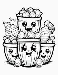 Cute kawaii candy halloween coloring page for kids, black and white line art Halloween cupcakes.

