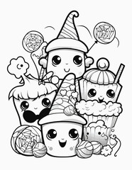 Cute kawaii candy halloween coloring page for kids, black and white line art Halloween cupcakes.
