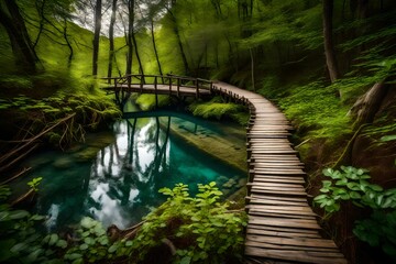 wooden bridge in the forest, beautiful Wallpaper, Landscape, and Background - Generative AI