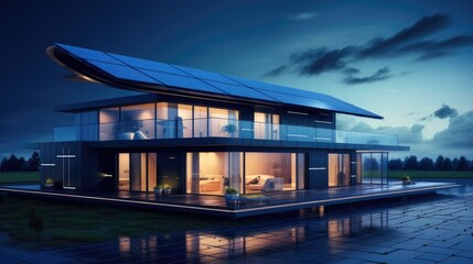architectural masterpiece of sustainable smart housing with rooftop solar energy system, luxurious amenities, and ambient night lighting in a suburban setting