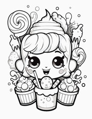 Cute kawaii candy halloween coloring page for kids, black and white line art Halloween cupcakes.
