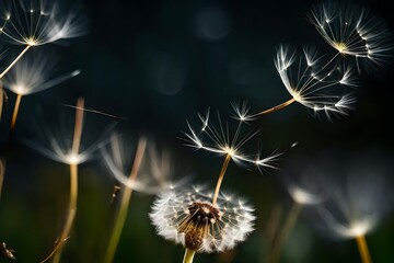 dandelion seeds flying in air on black background, beautiful Wallpaper, Landscape, and Background - Generative AI