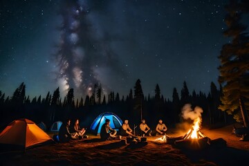 camp fire in the forest - Generative AI