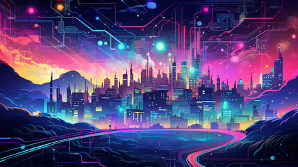 Fototapeta premium Digital Euphoria: AI's Quantum Landscape with Neon Circuitry & Zodiac Motifs in Expressive Vector.