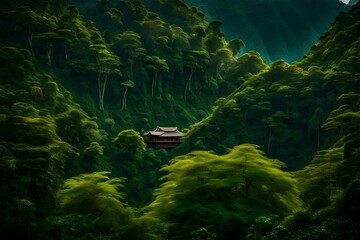 house in green deep woods, beautiful Wallpaper, Landscape, and Background - Generative AI