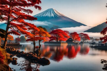 mountain and blossoms in autumn, beautiful Wallpaper, Landscape, and Background - Generative AI