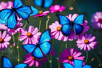 beautiful blue butterflies over pink round shaped flowers - Generative AI