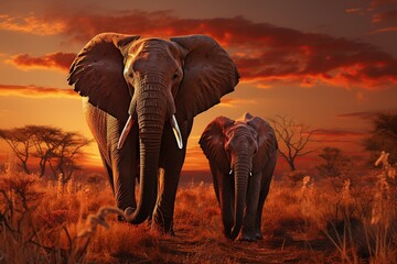 a herd of elephants walking across a dry grass field at sunset with the sun in the background and a few trees in the foreground,Generated with AI