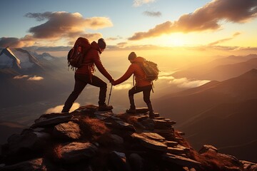 Hiker helping friend climb up rocky mountain friendship hiking help on top of mountain, Generated with AI