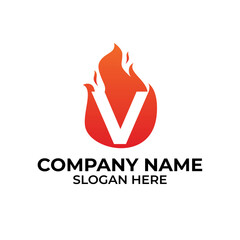 V flame logo vector. Letter V logo flames template, fire logo initials