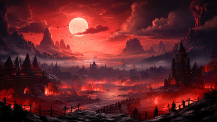 Red Moon over a Fiery Landscape with Lava and Lightning