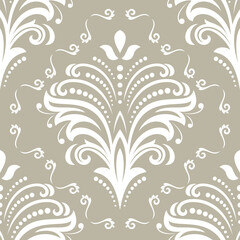 Floral ornament. Seamless abstract classic background with flowers. Pattern with white repeating floral elements. Ornament for wallpaper and packaging