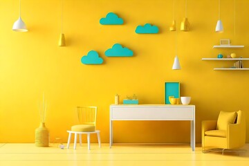 interior of a children's room with a table and paper clouds on wall - Generative AI