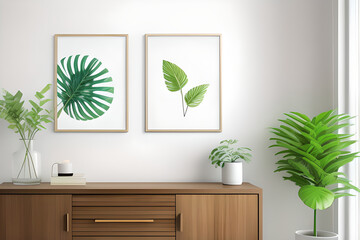Two blank picture frame mockup in home interior design. Living room, commode with lamp, tropical plant and vases. Low view