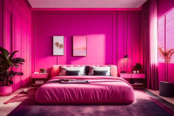 bedroom with bed and lamp on side table, barbie inspired bedroom - Generative AI