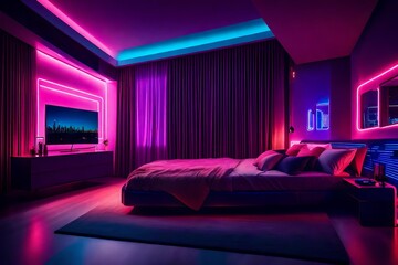 modern bedroom interior with neon lights - Generative AI