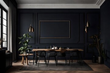 living interior with table and sofas, black wall theme, wall mockup design - Generative AI