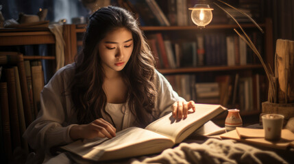 Young female reading book. Generative AI