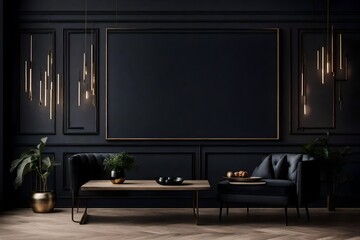 living interior with table and sofas, black wall theme, wall mockup design - Generative AI