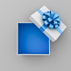 Top view of blank open white gift box with blue bottom inside or opened blue present box with blue ribbon and bow isolated on grey background with shadow minimal concept 3D rendering