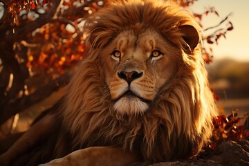 Fototapeta premium Lion Majesty: A regal lion , dynamic moving, full-body, its powerful presence emanating from its golden mane.Generated with AI