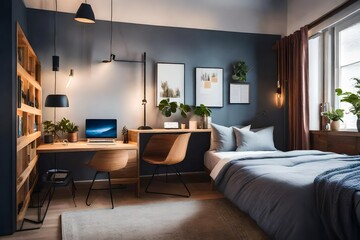 Naklejka na ściany i meble modern bedroom with a work table , modern interior design - Generative AI