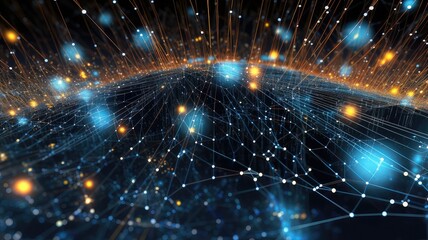 Naklejka premium Bits and bytes streaming through interconnected nodes, showcasing the movement of digital information across networks