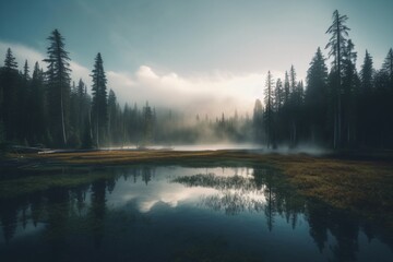 Panorama of the lake in the forest. Beautiful landscape.
