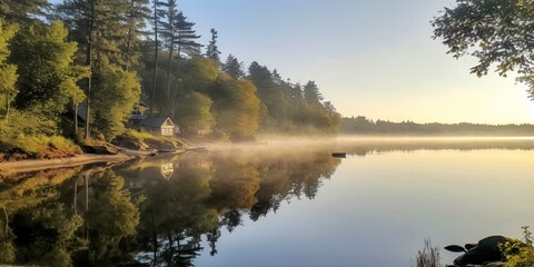 Fototapeta na wymiar Foggy autumn morning on the lake. Panoramic view