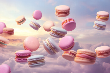 Obraz premium delicious pastel color macarons flying in the pink sky