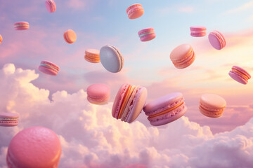 delicious pastel color macarons flying in the pink sky