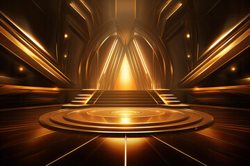 Gold lights rays scene background, golden stage background