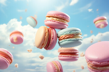 delicious pastel color macarons flying in the pink sky