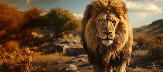 Lion Majesty: A regal lion , dynamic moving, full-body, its powerful presence emanating from its golden mane.Generated with AI - obrazy, fototapety, plakaty