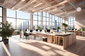 modern office interior with a big window and a beautiful view, beautiful interior design - Generative AI