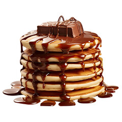 Stacked pancakes with chocolate syrup on a transparent background - obrazy, fototapety, plakaty