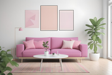 Poster mockup with horizontal frame on empty wall in living room interior with pink sofa and multi-colored pastel pillows. 3D rendering.