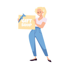 Happy woman holding gift card for gift shop, flat vector illustration isolated on white background.
