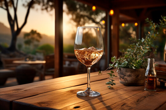 Glass Of Wine And Bottle On The Table On The Bar Counter